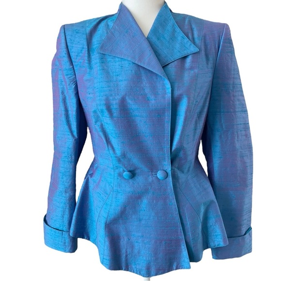 Lilli Ann Vintage Iridescent Blue Silk Peplum Blazer Jacket Size 6 Dead Stock - Picture 1 of 14